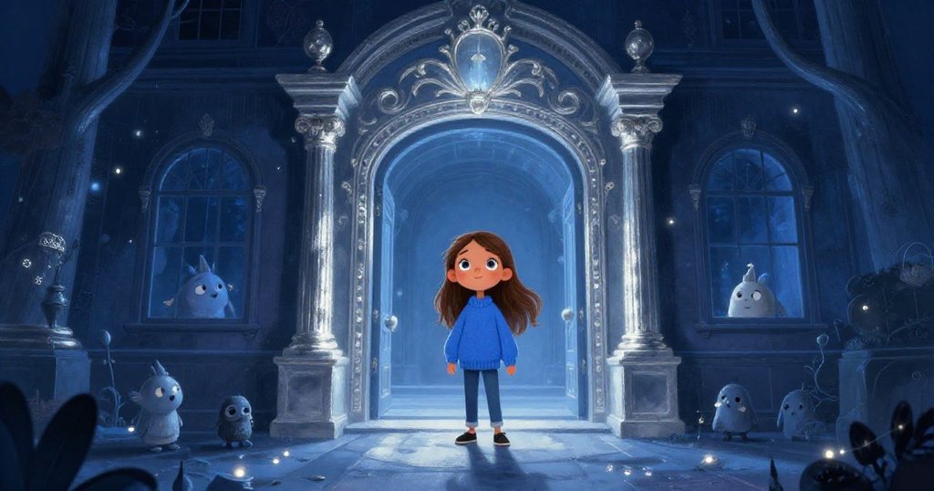 Lily standing at the entrance of a mysterious museum under a starry night