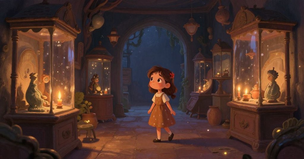 Warmly lit museum interior showcasing magical artifacts