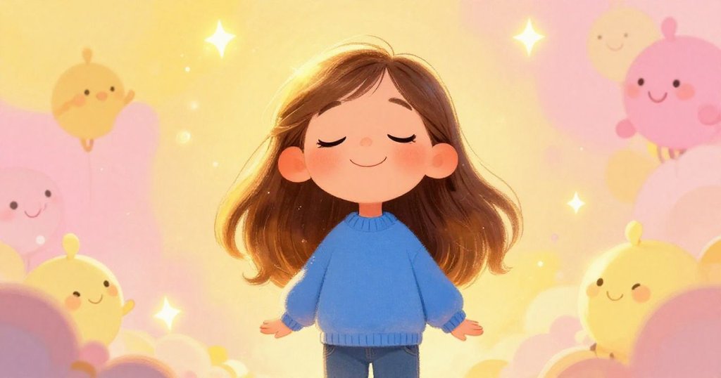 Lily smiling peacefully, surrounded by twinkling stars and dreams