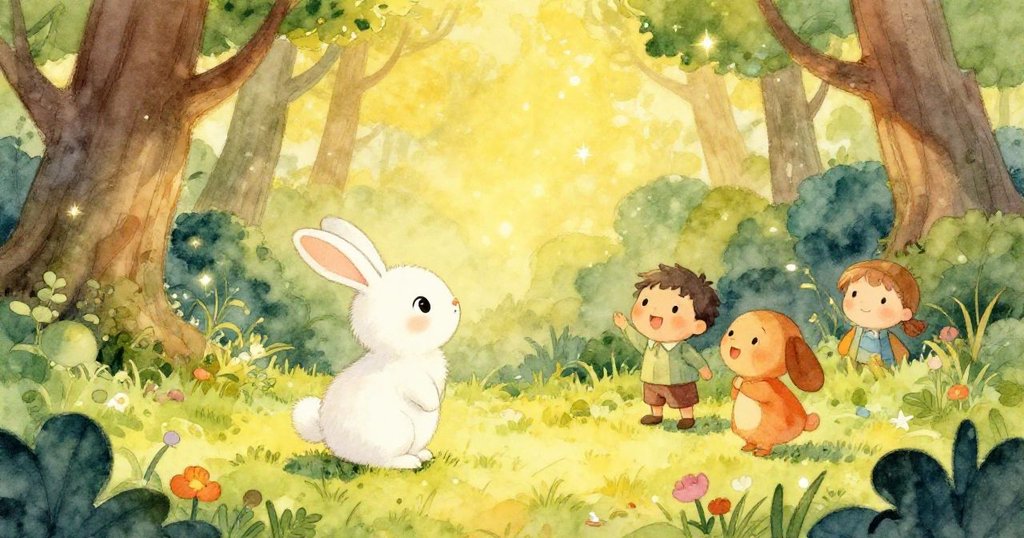 Rabbit and friends curiously gazing at stardust - joyful mid shot illustration