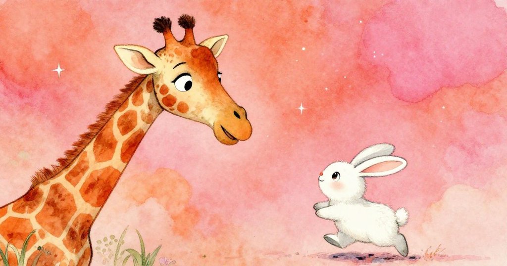 Giraffe and rabbit excitedly following stardust - dynamic close-up illustration