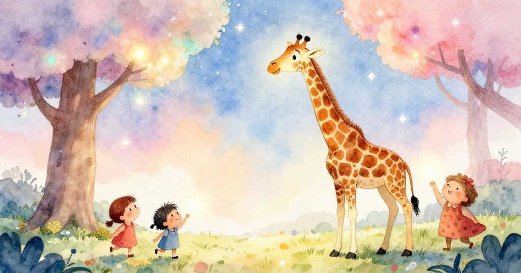Giraffe and friends in awe of a glowing stardust tree - magical wide shot illustration