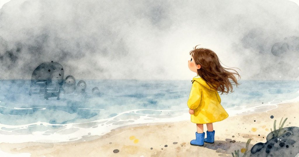 Lily looking at the foggy sea on a mysterious morning