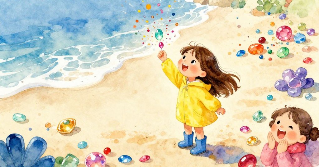 Lily celebrating with sparkling jewels on the beach