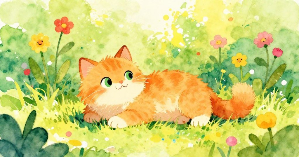 Fluffy orange cat lounging in a sunny garden - vibrant watercolor illustration