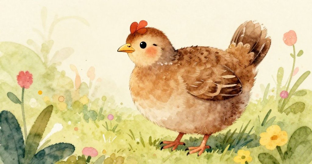 Curious brown quail in a vibrant garden - close-up watercolor illustration