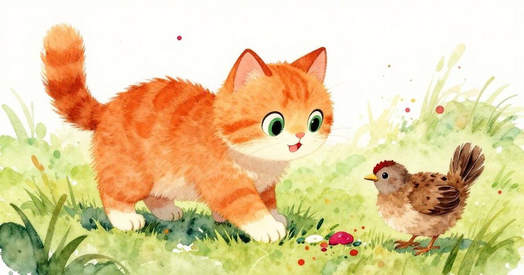 Cat and quail searching for food in the garden - playful illustration