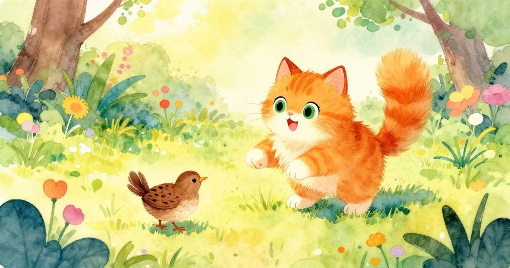 Cat and quail joyfully playing in a sunny garden - whimsical illustration
