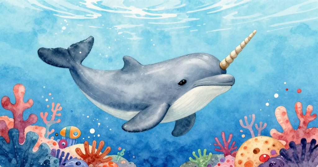 Young narwhal swimming happily in vibrant coral reef