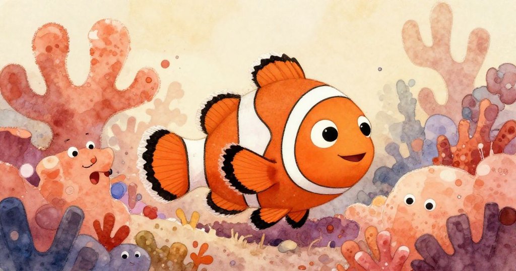 Bright clownfish peeking from coral reef in warm light