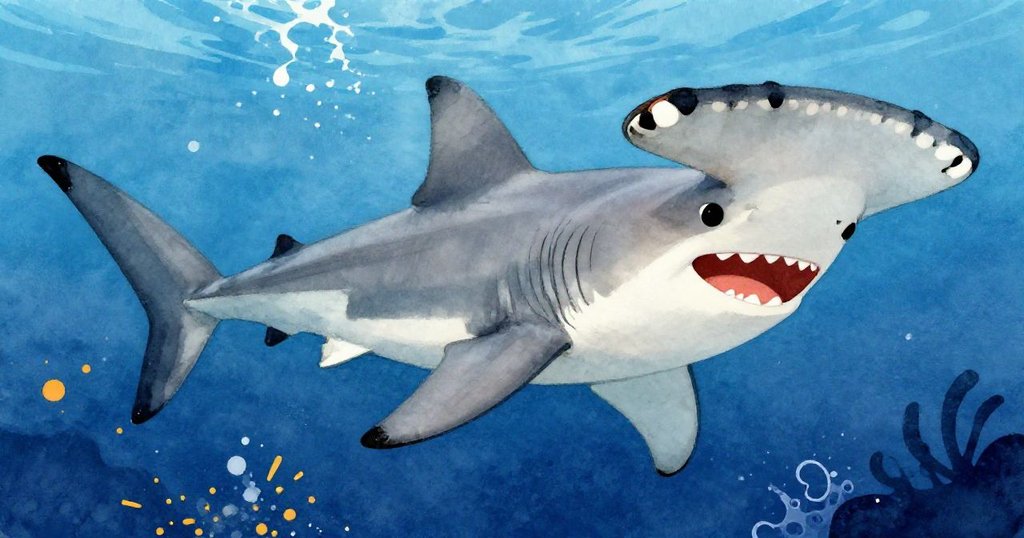 Hammerhead shark swimming with a friendly smile in dark ocean