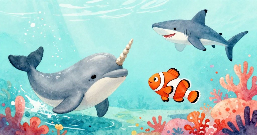 Narwhal and clownfish joyfully interacting with hammerhead shark underwater