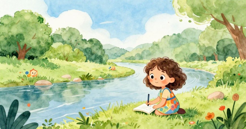 Mia sketching by a serene river surrounded by nature
