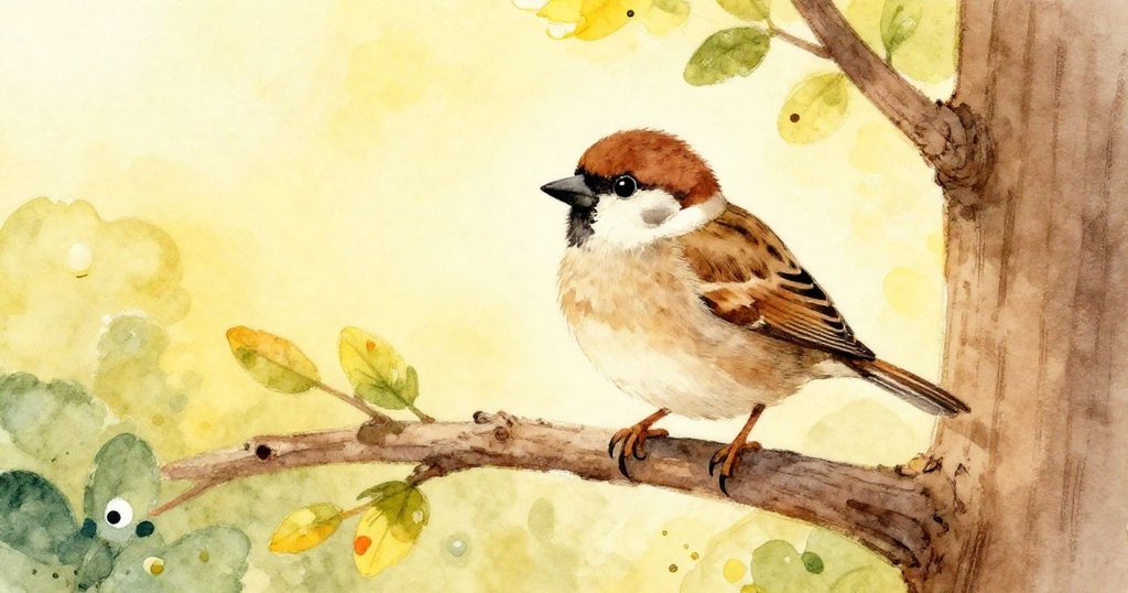 A sparrow perched on a branch near a tall tree