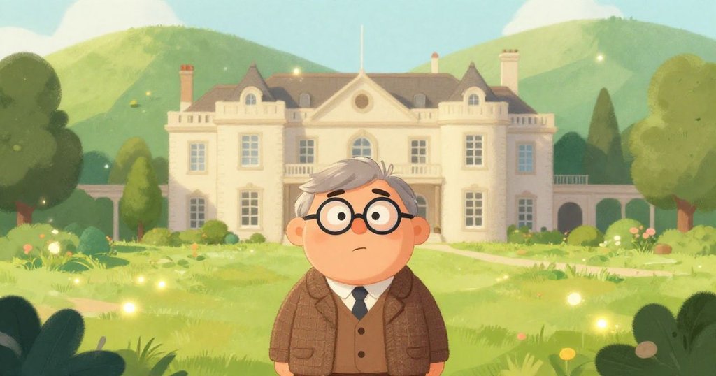 Mr. Brown in front of his grand mansion on a green crest.