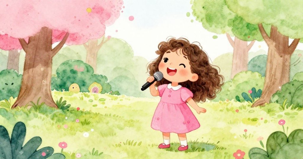 Mia practicing her singing in the park, surrounded by nature.