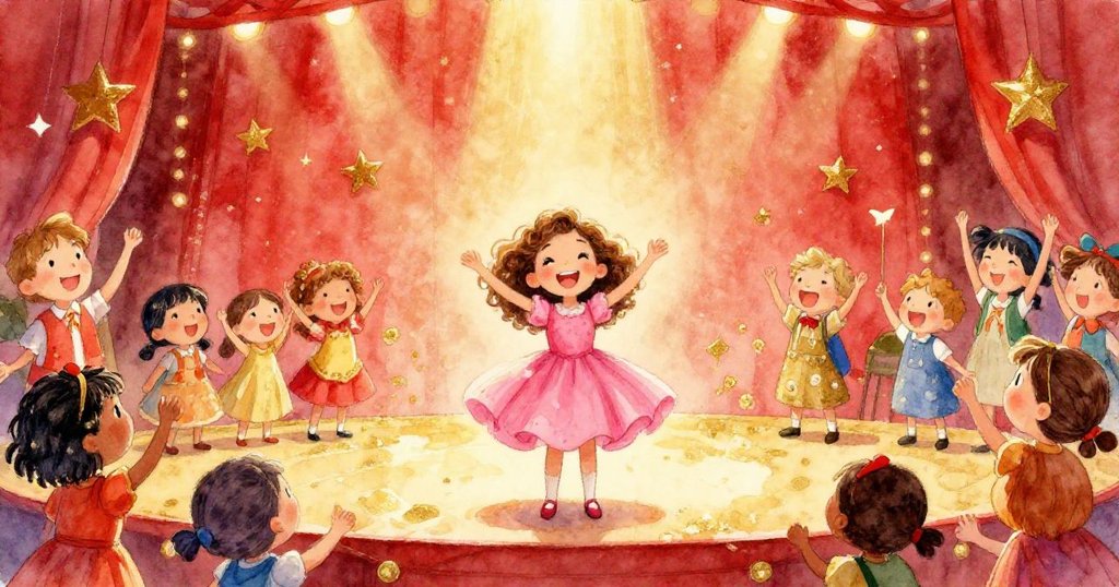 Mia confidently stepping onto the stage, spotlight shining on her.