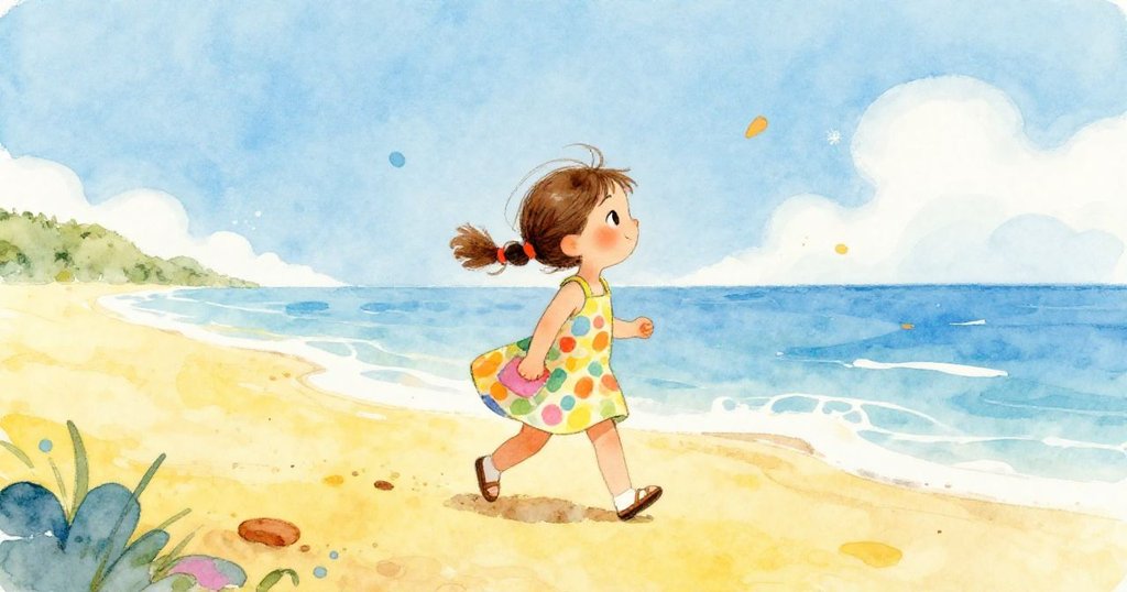 Lily walking joyfully along the sunny beach - whimsical illustration