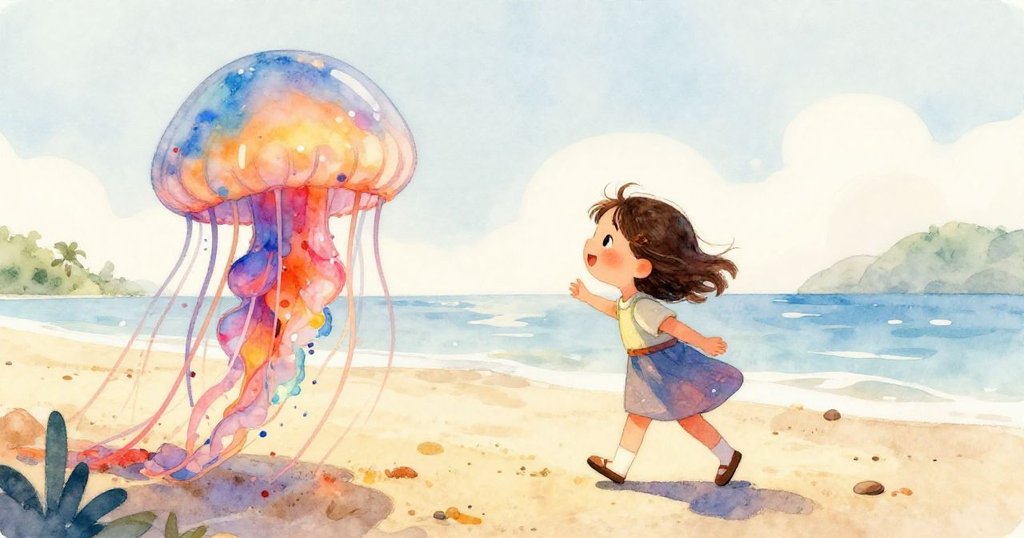 Close-up of a unique jellyfish on the beach - magical detail illustration