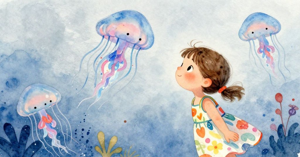 Lily observing jellyfish with a mix of excitement and fear - mid shot illustration