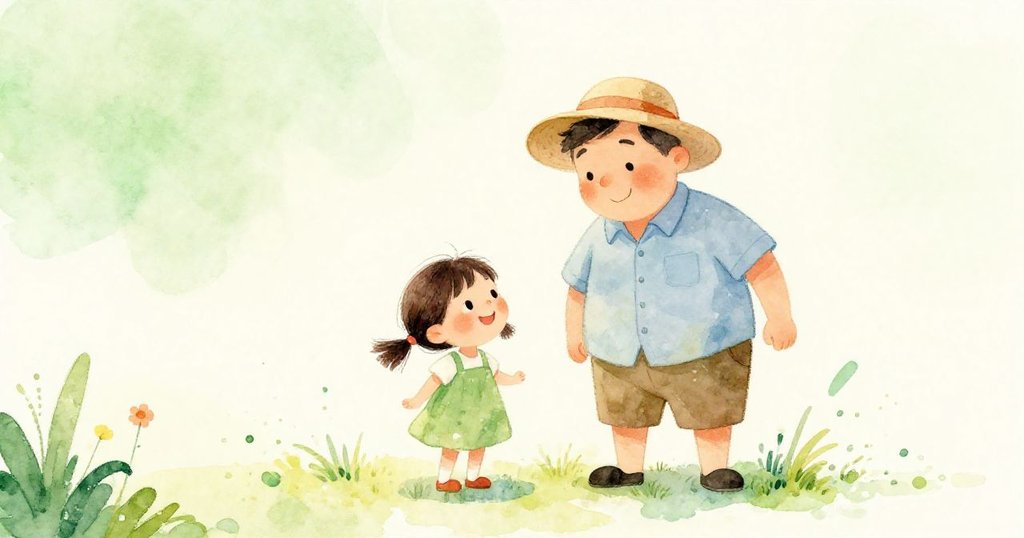 Friendly stranger smiling beside Lily on the beach - warm wide shot illustration