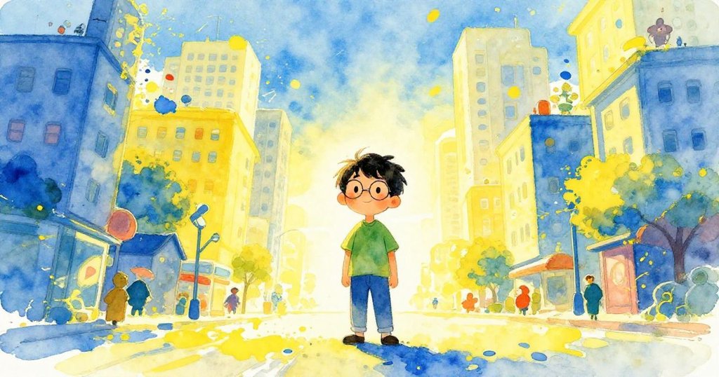 Young scholar Li standing in a vibrant city - whimsical watercolor illustration