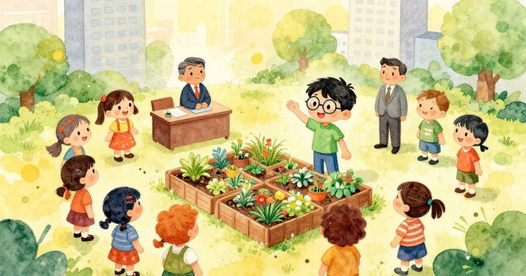 Li and friends presenting community gardens project - wide watercolor illustration