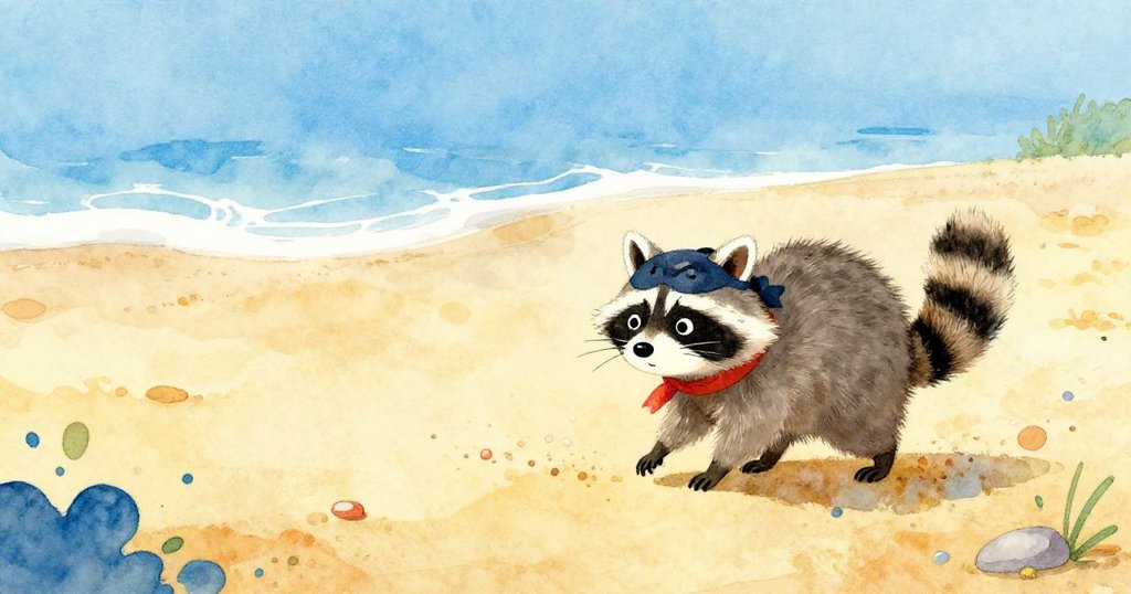 Curious raccoon exploring the sunny beach - whimsical watercolor illustration