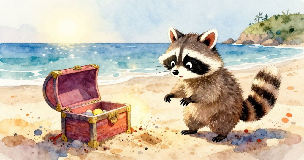 Close-up of treasure chest revealing shiny pearls - whimsical watercolor detail