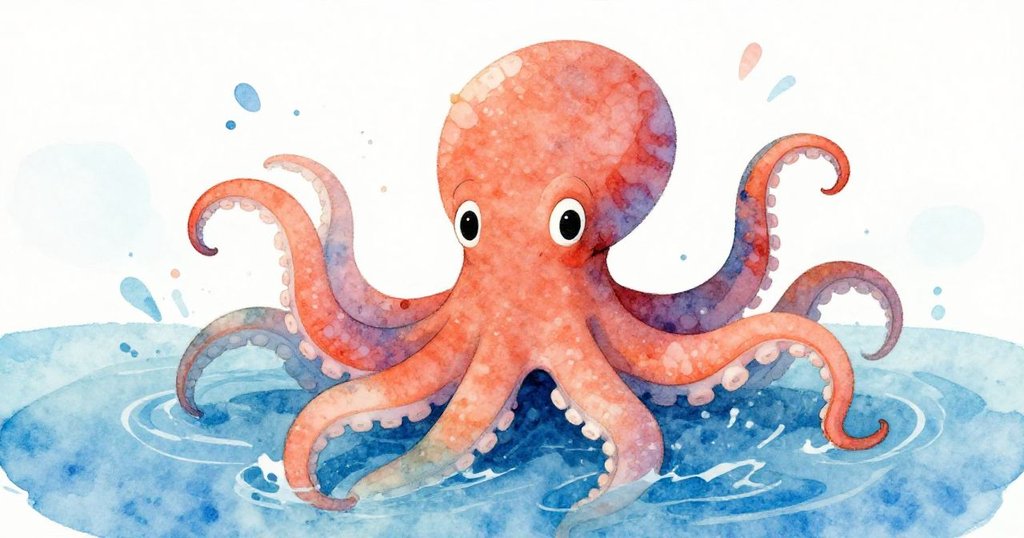 Colorful octopus emerging from ocean with friendly smile - mid shot illustration