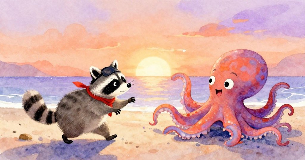 Raccoon and octopus playing together at sunset - whimsical watercolor illustration