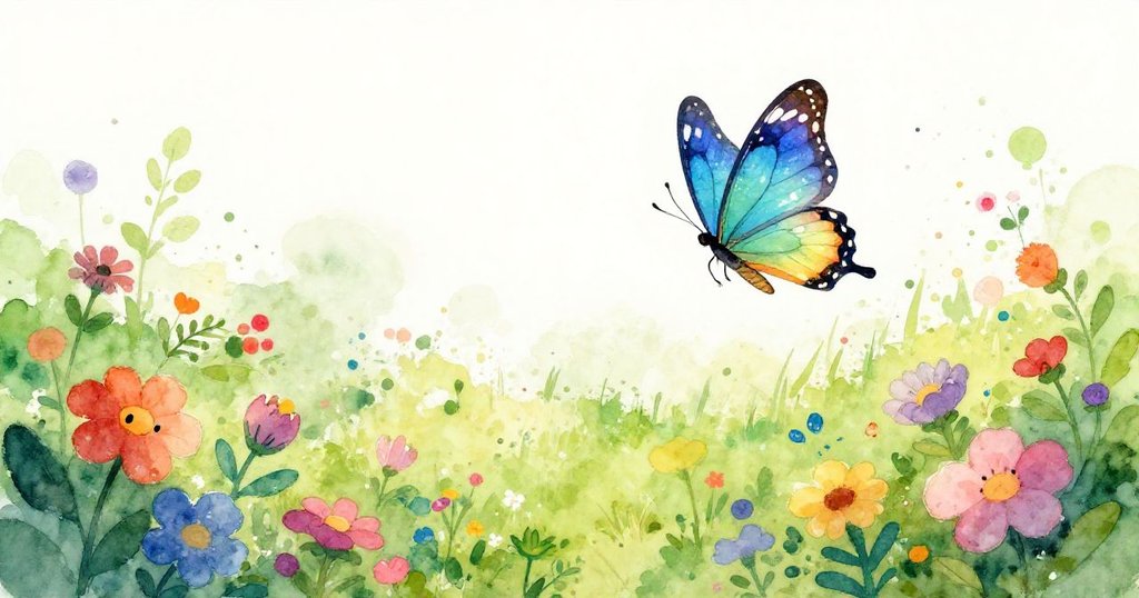 Bright butterfly exploring a vibrant garden of flowers - watercolor illustration