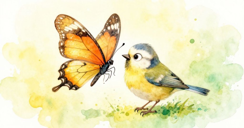 Butterfly helping small bird climb onto her back - joyful mid shot illustration