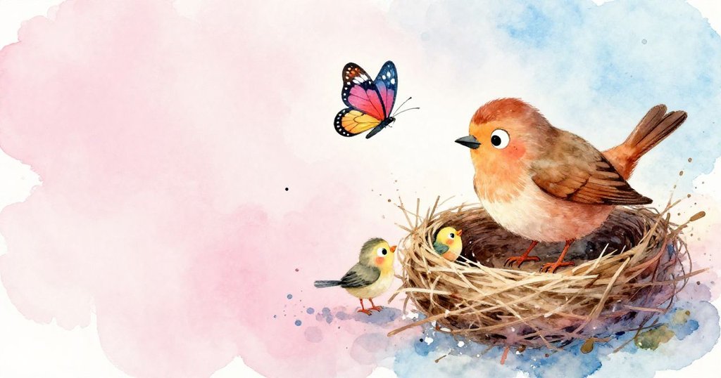 Bird mother expressing gratitude as butterfly and small bird arrive - warm wide shot illustration