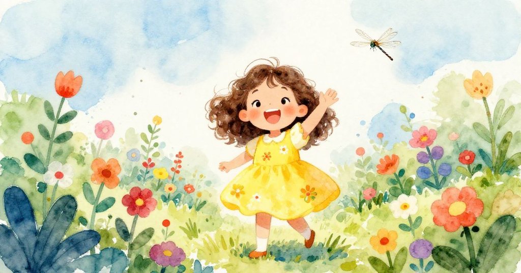 Mia joyfully watching dragonflies dance in the garden