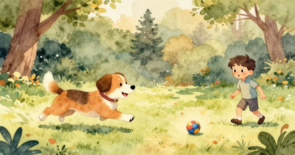 在公園裡,金色的獵犬快樂地追逐著紅色的球,周圍是綠色的草地和樹木。