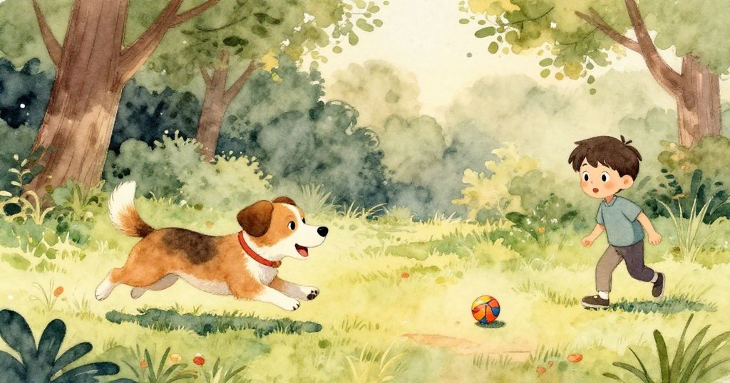 金色的獵犬突然停下來,驚訝的小男孩站在旁邊,球滾在草地上。