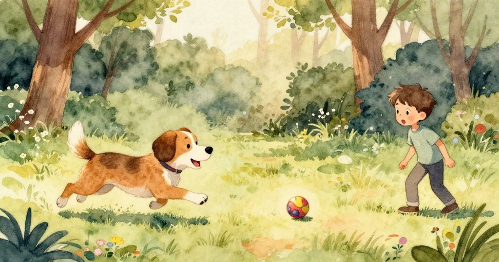 透過樹木的視角,小男孩驚訝地問能否一起玩,金色的獵犬高興地搖著尾巴。