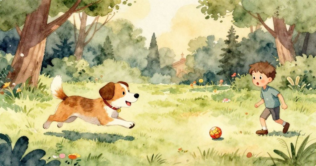 男孩高興地向金色的獵犬扔球,他們在陽光明媚的公園裡一起玩耍。