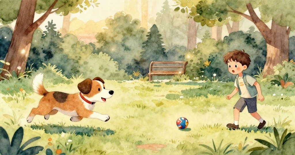 男孩和金色的獵犬一起大笑,享受著在公園裡的快樂時光。