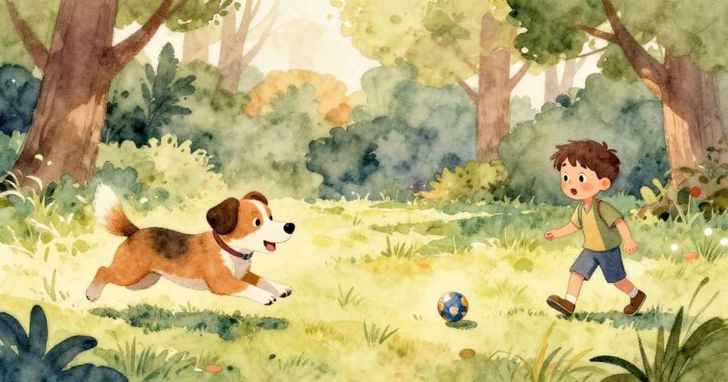 夕陽下,男孩和金色的獵犬坐在一起,滿足地微笑,今天是美好的一天。