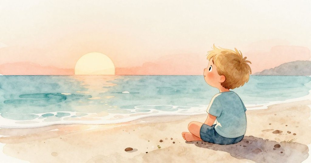 在小海岸村莊的黎明,年輕的男孩坐在沙灘上,期待地看著海洋。