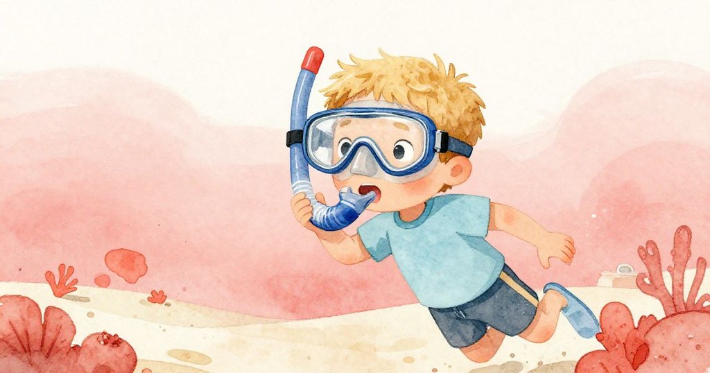 年輕的男孩在沙灘上緊緊抓著他的潛水鏡,為即將開始的水下探險做好準備。