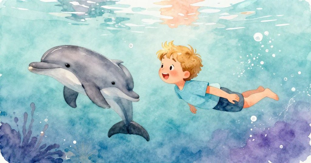 年輕的男孩在水下與海豚一起游泳,水面上映出五彩斑斕的水下世界,令人驚嘆的景象。
