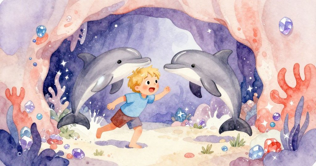 年輕的男孩和海豚游入一個隱藏的水下洞穴,洞穴裡充滿了閃閃發光的寶石,創造出神奇的氛圍。