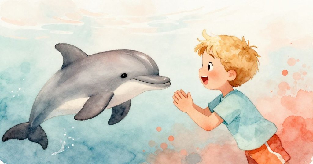 年輕的男孩在水下微笑著向海豚表達感謝,兩者之間建立了友誼,周圍環繞著五彩斑斕的海洋生物。