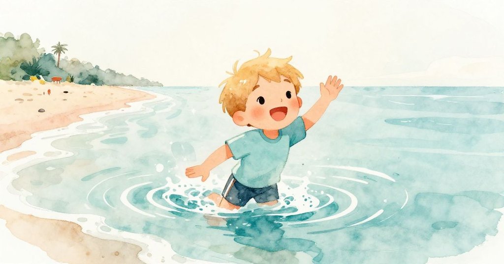 年輕的男孩從水中浮出,臉上帶著滿足的微笑,背景是美麗的沙灘和海洋,這次難忘的冒險將永遠留在他的心中。