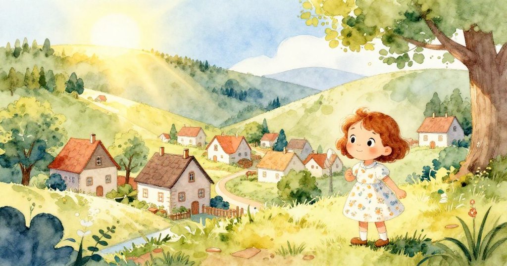 在埃尔德格罗夫村，阳光灿烂，宁静的村庄被连绵起伏的山丘和茂密的森林环绕，克拉拉在村边驻足，目光好奇。