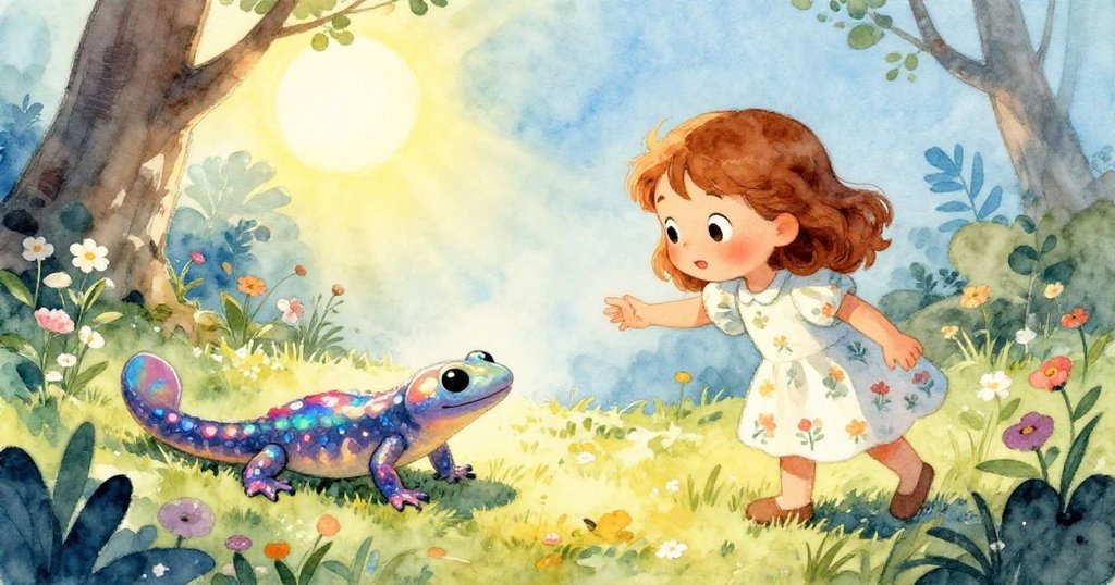 克拉拉伸出手指，面前是一只闪闪发光的蝾螈，周围是一片阳光普照的野花开阔地，充满了神秘的气息。