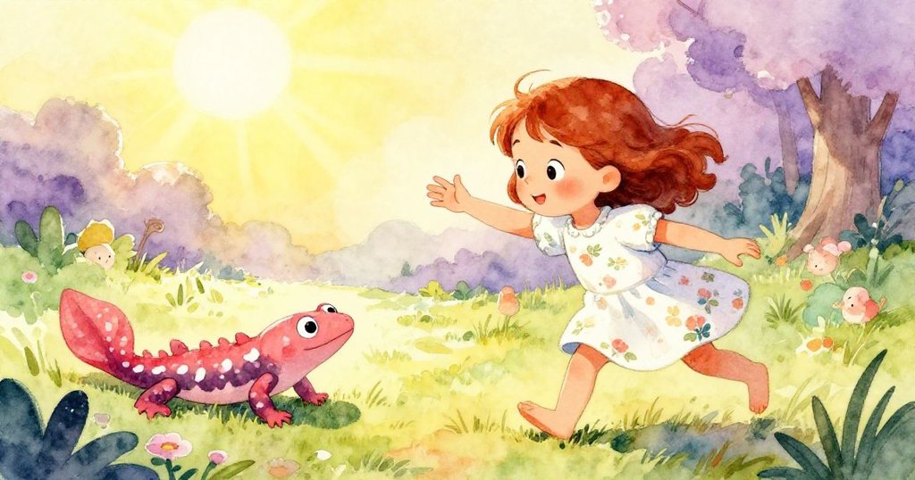 克拉拉向前倾身，手伸向闪烁着光芒的蝾螈，周围是充满活力的色彩和阳光的魔幻开阔地。